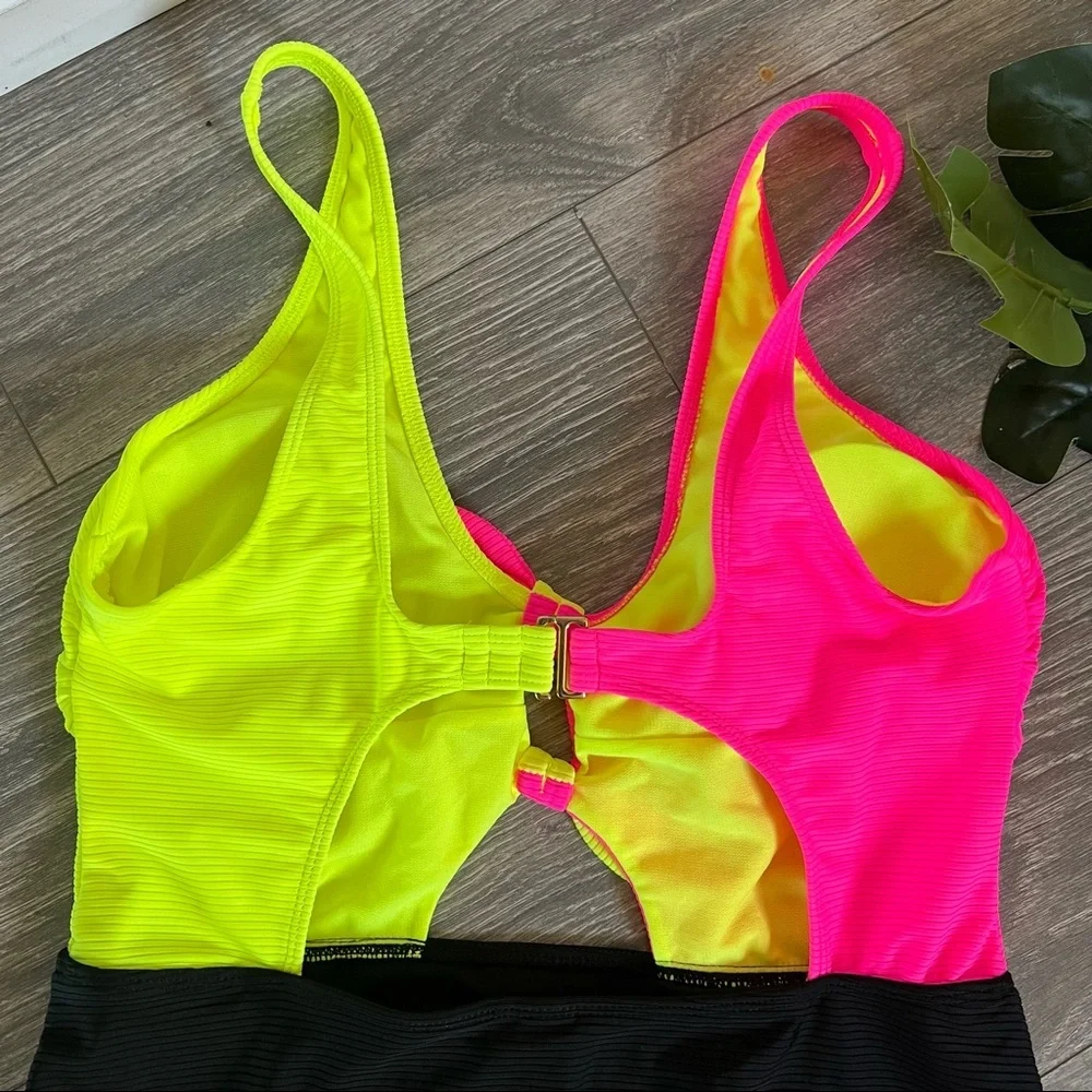 No boundaries Highlighter Neon Yellow Pink Black Tie Front One Piece Swimsuit L
